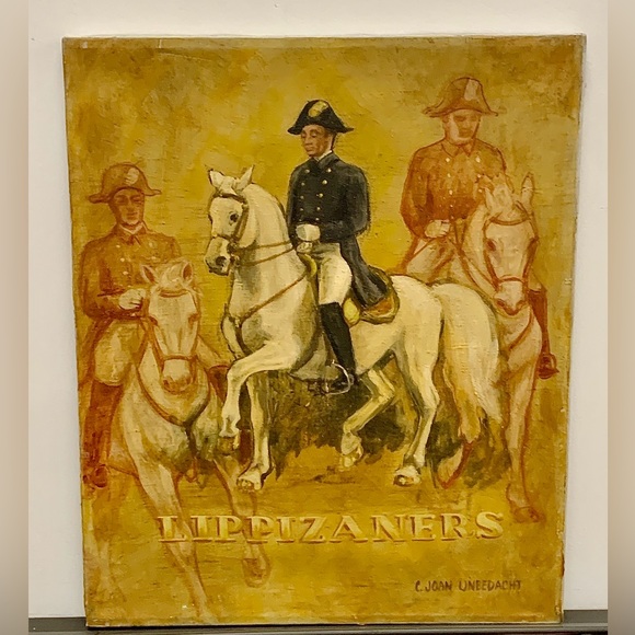 Mid Century Vintage Acrylic on Canvas Soldier Mounted Lippizaners Horse Painting - Picture 6 of 15